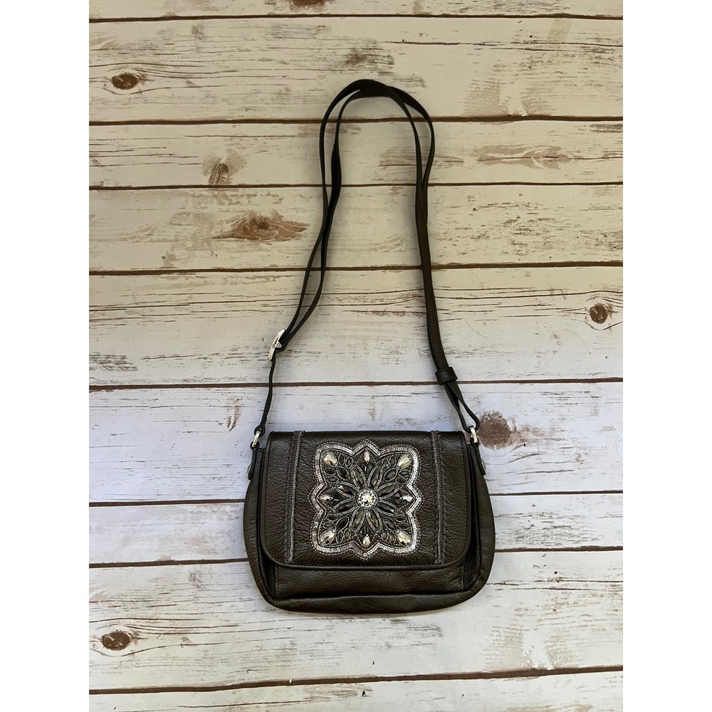 Brighton Crossbody Bag Metallic Bronze Leather Crystal Embellished Small